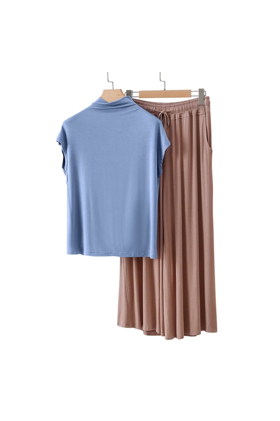 Pants Set for Women Dressy Casual New Women's Mock Neck Pajamas Sets, Short Sleeve Soft Tops Matching Wide Leg Pants 2 Piece Summer Lounge Outfits Coffee XXL