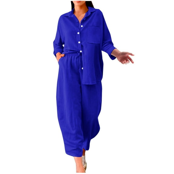 Pants Set for Women Casual New Women's Two Piece Cotton Linen Outfits Button Tops Wide Leg Pants Lounge Sets Summer Outfits Matching Sets Dark Blue S