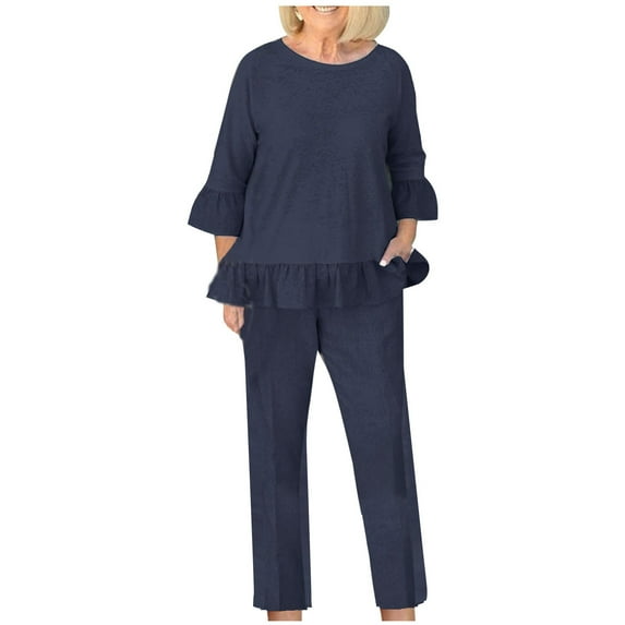 Pants Sets Women 2 Piece Outfits Dressy Casual Cotton Linen 3/4 Sleeve Shirt Blouse And Pants Set With Pocket