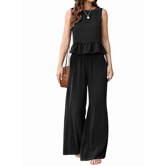 Pants Sets Women 2 Piece Outfits Sleeveless Round Neck Tank Tops Matching Sets for Women Elastic Waist Wide Leg Black L