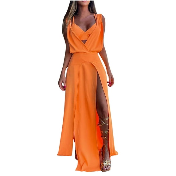 Pants Sets Women 2 Piece Outfits Summer Sets for Women Clothing Set Female V-Neck Sleeveless Tops Skirt Suit Long Pant Style S_466 Women's Tracksuits Orange S
