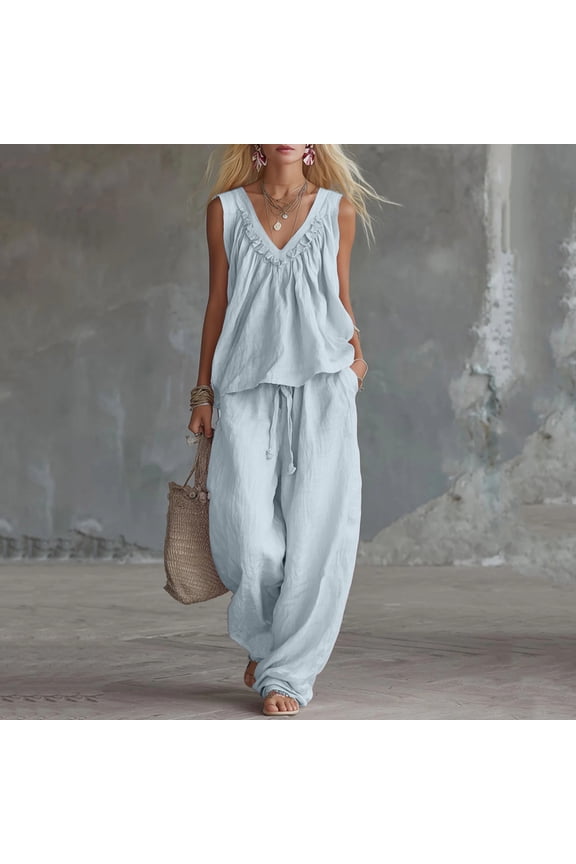 Pants Sets Women 2 Piece Outfits Womens Summer Boho Linen Set Sleeveless Ruffled V Neck Tops Drawstring Wide Leg Pants Beach Vacation Casual Outfits Light Blue L