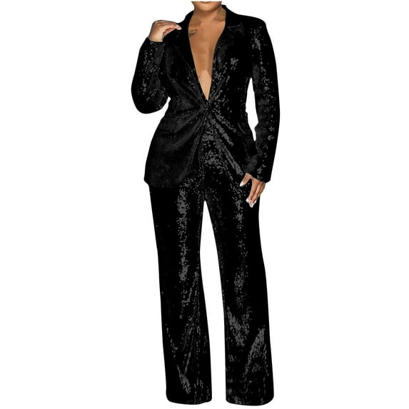 Pants Suits Dressy Sevevn Women's Sequin Solid Color Fashion Fallow Long-Sleeved Trousers V-Neck Suit