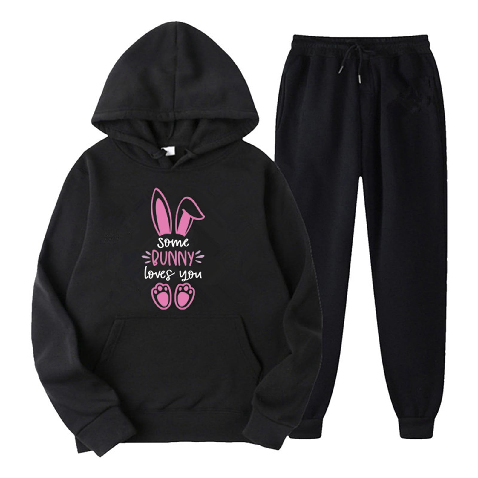Pants Suits Women Casual Rabbit Print Round Neck Hooded Long Sleeve