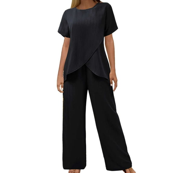 Pants Suits for Women Dressy A Two Piece Short Sleeved Round Neck Loose Casual And Irregular Formal Pants Women Petite Two Piece Pantsuit Jumpsuit Outfit Wedding Guest Formal Suits for Evening Black S