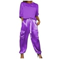 thumbnail image 1 of Pants Suits for Women Dressy Women Smooth Satin Half Sleeve Top And Pants Set plus Size Snow Bibs Casual Pantsuit for on Piece Jumpsuit Christmas Outfits Dressy Summer Business Casual Clothes Purple S, 1 of 5