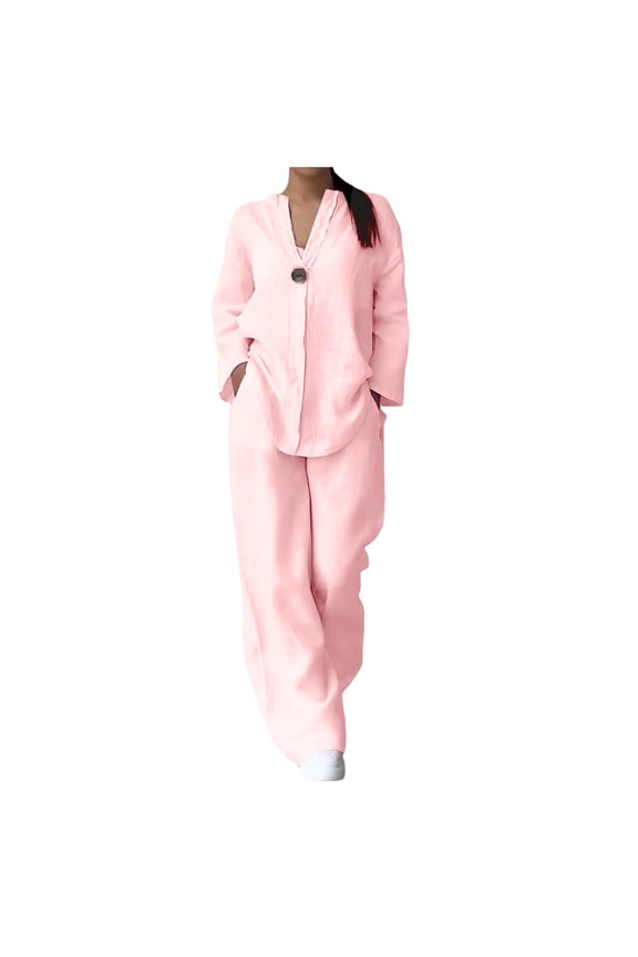 Pants Suits for Women Dressy Women's Casual Sets Solid Color Button Long Sleeve Shirt High Waist Loose Pocket Pant Two Piece Top And Bottom Set Zipper up Pants Suit for Women Womens Party Pant Pink XL