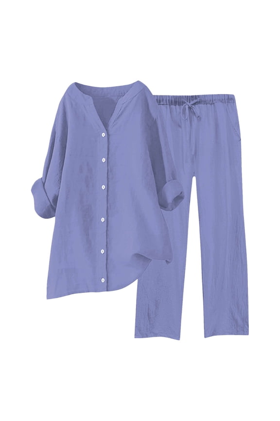 Pants Suits for Women Dressy Womens 2 Piece Outfits Wide Leg Blouse Pockets Elastic Pants Sets Casual V Wedding Guest Outfits Holiday for Women Dressy 80s Jogging Suits Formal Wedding Dress 16w Blue M