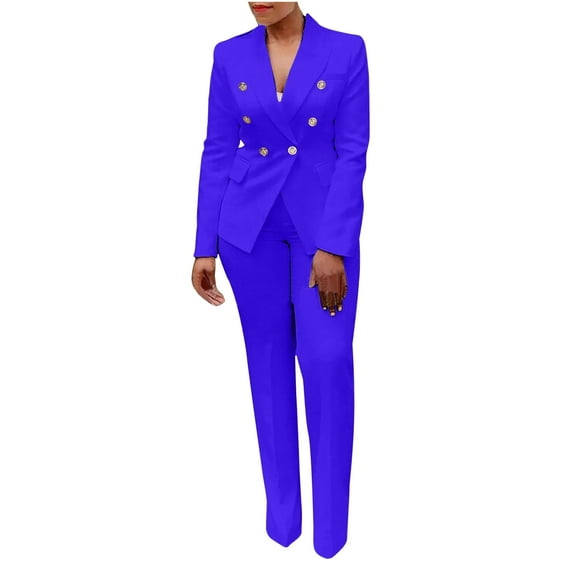 Pants Suits for Women Plus Size 2 Piece Outfits for Women Clothing Set Female Long Sleeve Blazer Sets Notched Lapel Neck Business Suit Sets Cargo Pant Style S_2 Women's Tracksuits Blue S