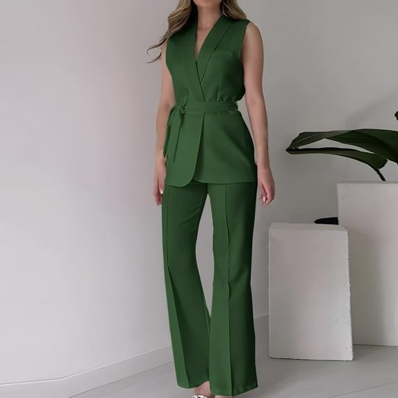 Pants Suits Womens Business Comfy Casual Loose Sleeveless One Button Suit Vest and Wide Leg Pant Sets Two Piece Green S
