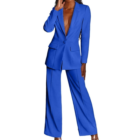 Pants Suits for Women Dressy 2 Piece Business Casual Lapel Long Sleeve Open Front Blazer Pants Suit Set Blue XL
