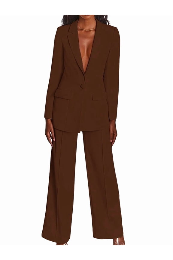 Pants Suits for Women Dressy 2 Piece Business Casual Lapel Long Sleeve Open Front Blazer Pants Suit Set Coffee S