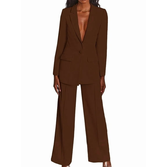 Pants Suits for Women Dressy 2 Piece Business Casual Lapel Long Sleeve Open Front Blazer Pants Suit Set Coffee XXL