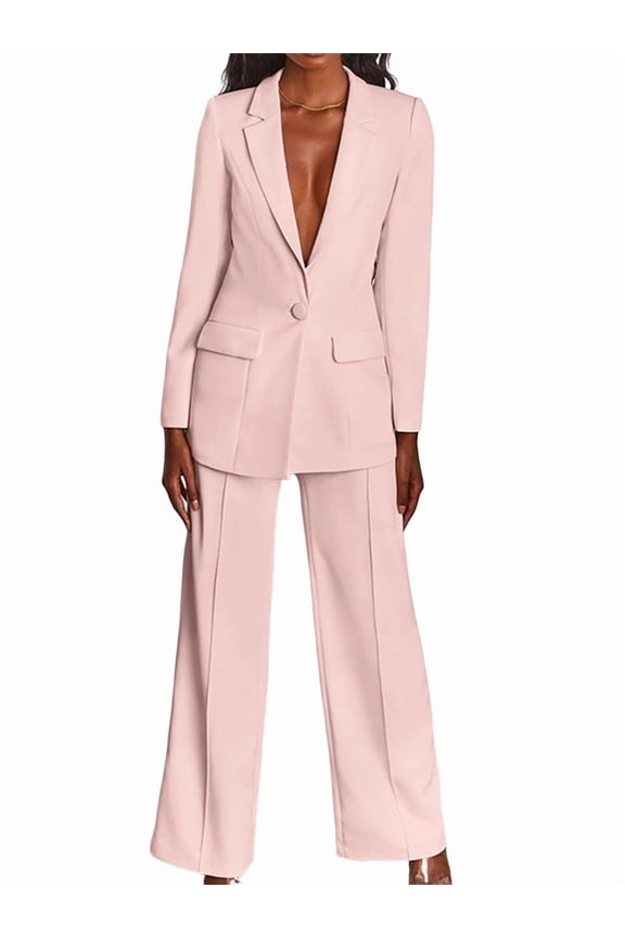 Pants Suits for Women Dressy 2 Piece Business Casual Lapel Long Sleeve Open Front Blazer Pants Suit Set Pink S