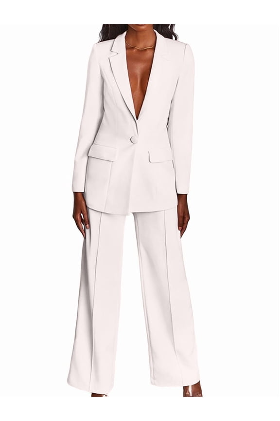 Pants Suits for Women Dressy 2 Piece Business Casual Lapel Long Sleeve Open Front Blazer Pants Suit Set White S