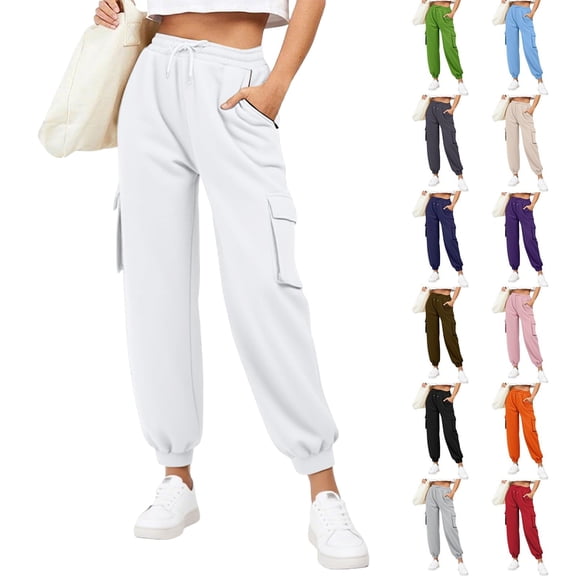 Pants Woman Woman Sweatpants Sweatpants Women Women'S Elastic Lace-Up Casual Solid Color High-Waisted Zipper Pocket Tapered Sweatpants White S