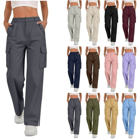 Pants for Women Cargo Pants Women Ndbuld Fashion Pants Women Ladies Solid-color Stretch Belt Long Pants String Button Pockets Pants Trousers Dark Gray XL