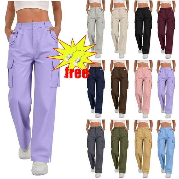 Pants for Women Cargo Pants Women Ndbuld Fashion Pants Women Ladies Solid-color Stretch Belt Long Pants String Button Pockets Pants Trousers Purple XL