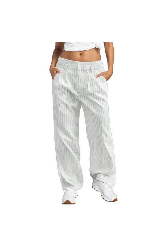 Pants for Women Casual Harem Pants Size 4x Lady Elastic Waist Pant Fashion Wide Leg Dress Women Wide Leg Casual Womens with Stripe Linen Work Pockets Designer White L