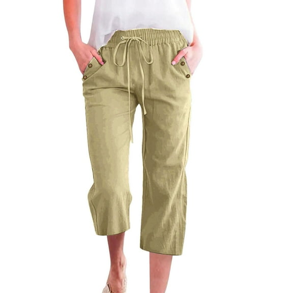 Pants for Women Casual Pants for Women with Pockets Petite Sweatpants Pockets Straight Solid Drawstring Casual Linen Trousers Fall Women's Solid Color Linen Beige L