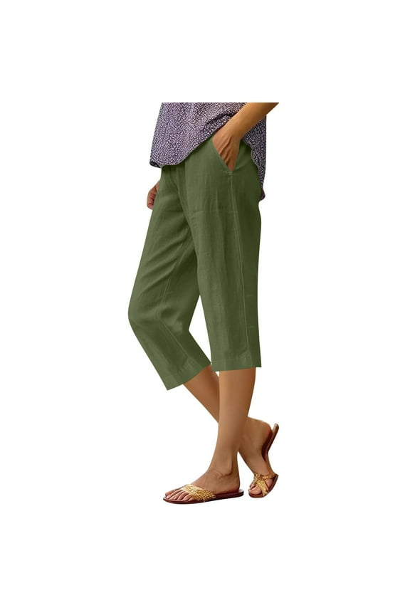 Pants for Women Casual Summer,Womens Comfy Pants Casual,OHGOD Women's Solid Color Cotton-Linen Loose Fit Capri Pants, Elastic Waist, Pockets for Stylish Comfort - Army Green - XL