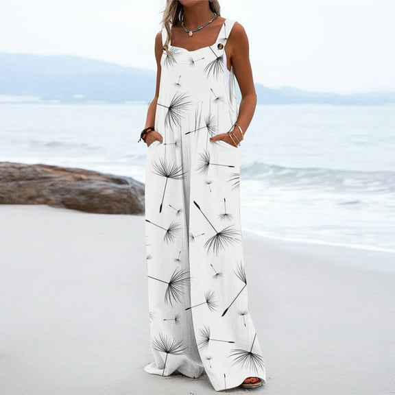 Pants for Women,Clearance Women's Plus Size Fashion Women Casual Cold Shoulder Jumpsuit Printing Button Suspender Jumpsuits Wide Pocket Leg Pant Loose Causal Pants