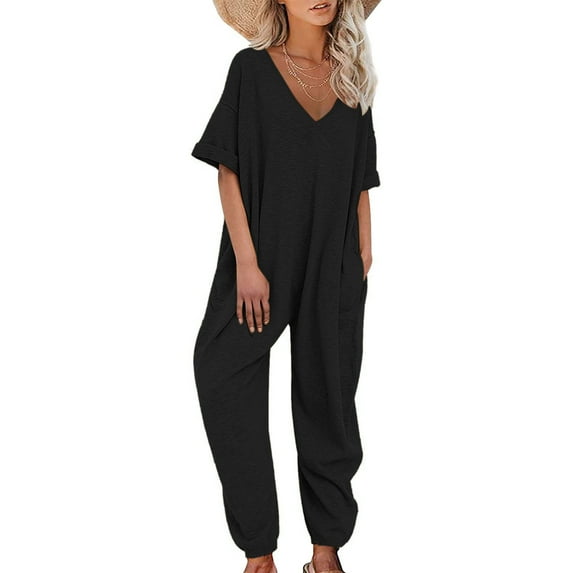 Pants for Women,Clearance Women's Plus Size Women's V Neck Casual Loose Pockets Strap Waistband Jumpsuit Short Sleeve Sling Jumpsuitit Loose Causal Pants