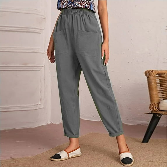 Tbopshirt Pants for Women Plus Size Women Fashion Elastic Waist Casual Pure Color Straight Leg Cotton Linen Cropped Pocket Trousers Loose Causal Pants