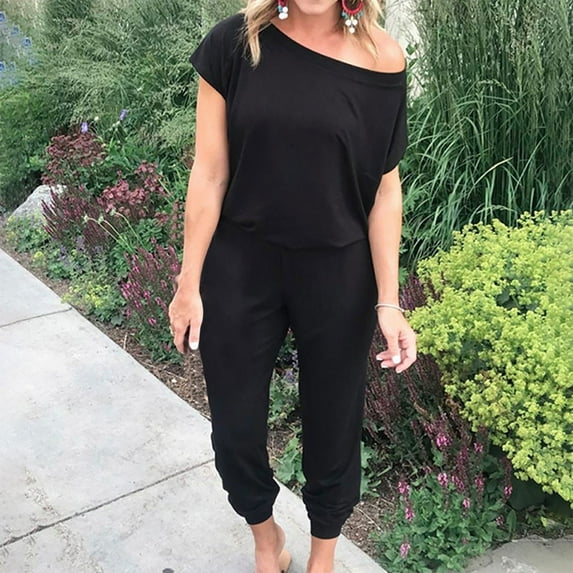 Pants for Women,Clearance Women's Plus Size Women Fasion Casual One Shoulder Solid Pocket Short Sleeve Jumpsuit Rompers Jogger Pants Loose Causal Pants