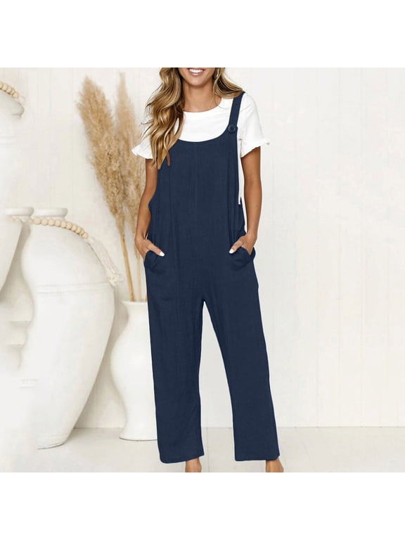 Pants for Women,Clearance Women's Plus Size Women's Casual Loose Baggy Pocket Jumpsuit Fashion Playsuit Trousers Overalls Cotton And Linen Jumpsuit Loose Causal Pants