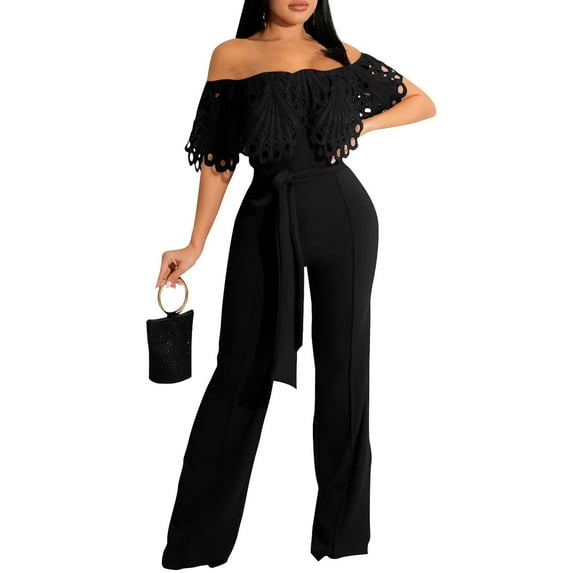 Tbopshirt Pants for Women Plus Size Women's Spring and Summer Solid Color Off Shoulder Hollow Lace Ruffle Edge Waist Tie Up Jumpsuit Loose Causal Pants