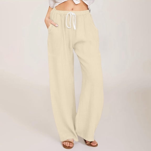 Pants Women High Waisted Lounge Palazzo Pants Baggy Straight Leg Solid Color Trousers With Pockets Beige M