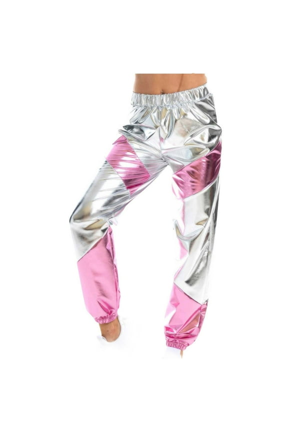 Pants for Women Metallic Shiny Jogger Pants Color Block Elastic Waist Hip Hop Disco Dancewear Training Sports Tracksuit Bottoms Stretch Comfy Sweatpants Loose Fit Lougewear