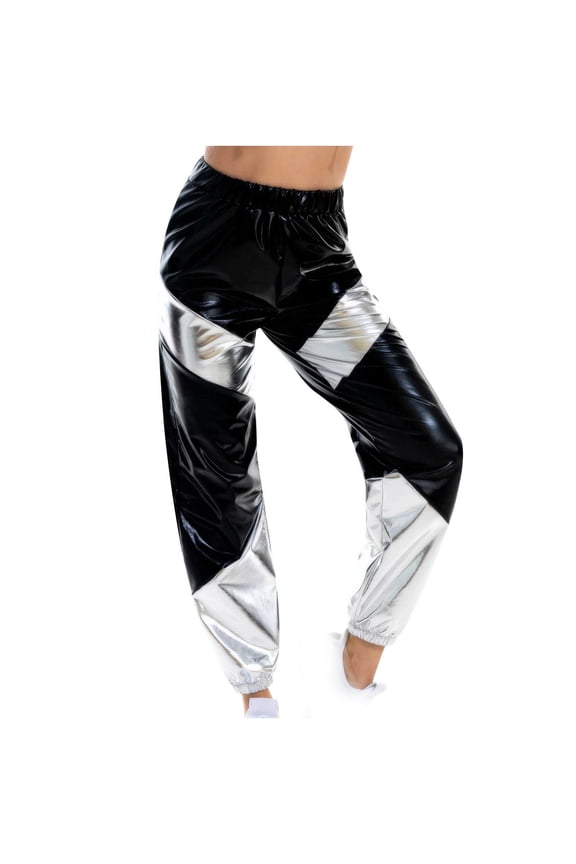 Pants for Women Metallic Shiny Jogger Pants Color Block Elastic Waist Hip Hop Disco Dancewear Training Sports Tracksuit Bottoms Stretch Comfy Sweatpants Loose Fit Lougewear