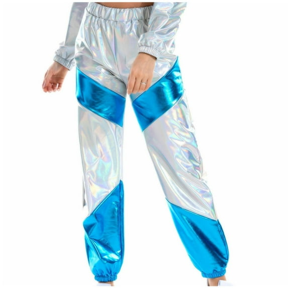 Pants for Women Metallic Shiny Jogger Pants Color Block Elastic Waist Hip Hop Disco Dancewear Training Sports Tracksuit Bottoms Stretch Comfy Sweatpants Loose Fit Lougewear