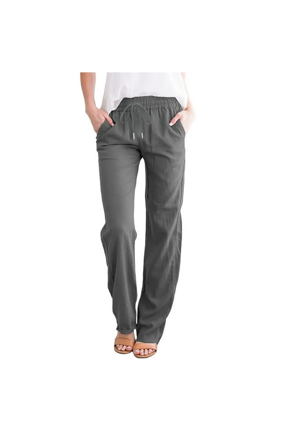 Pants for Women Petite Length Loose Cotton Linen with Pocket Solid Trousers Pants Wide Leg Pants Linen Pants Womens Pants for Beach Vacation Day to Night Everyday Wear 1-Gray M