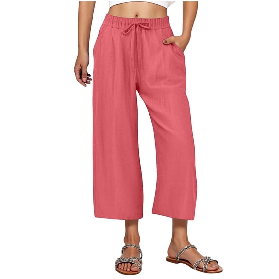 Pants For Women Solid Color Wide Leg Cropped Pants Elastic Waist Drawstring With Pockets Summer Casual Outfit Comfortable Clothing Above Ankle Comfy Beach Vacation Style Now Capri Pants for Women