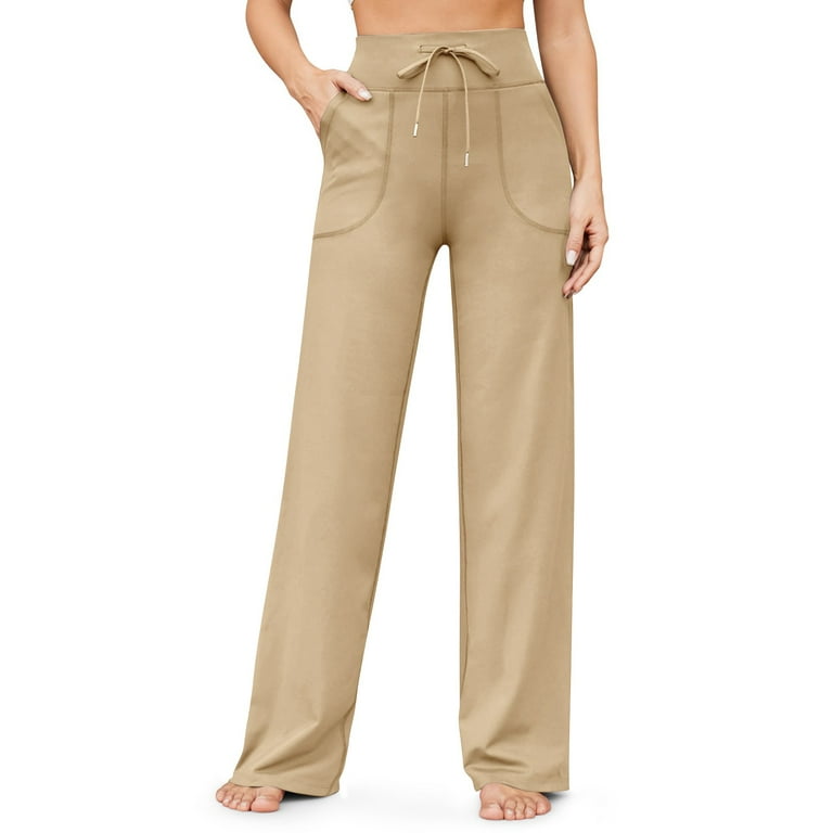 Pants Women Straight Leg Slim Cut High Waisted with Pocket Fleece Lined Jogger Pants Yoga Wide Leg Stretch Athletic Sweatpants Drawstring Lounge Bootcut Baggy Pants Khaki L Walmart