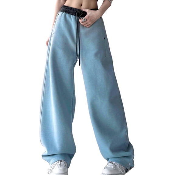 Pants Women Summer, Wide Leg Pants for Women Drawstring Baggy Casual Sweatpants Color Block Lounge Athletic Sweat Track Pants with Pockets Blue M