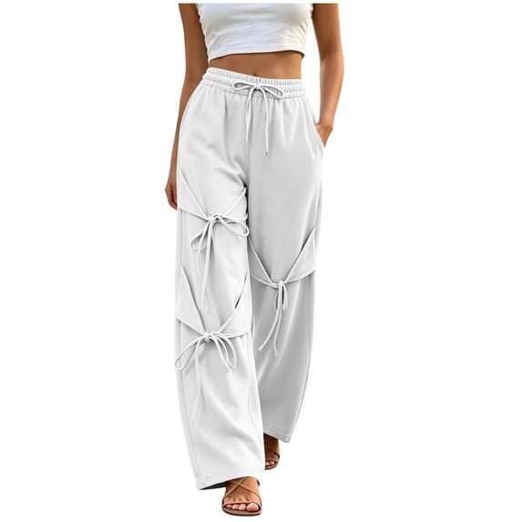 Pants for Women Wide Leg Sweatpants Solid Color Loose Elastic Waist Drawstring Bow Tied Strap Sweatpants Fall Sweatpants with Pockets Casual Lounge Travel Pants