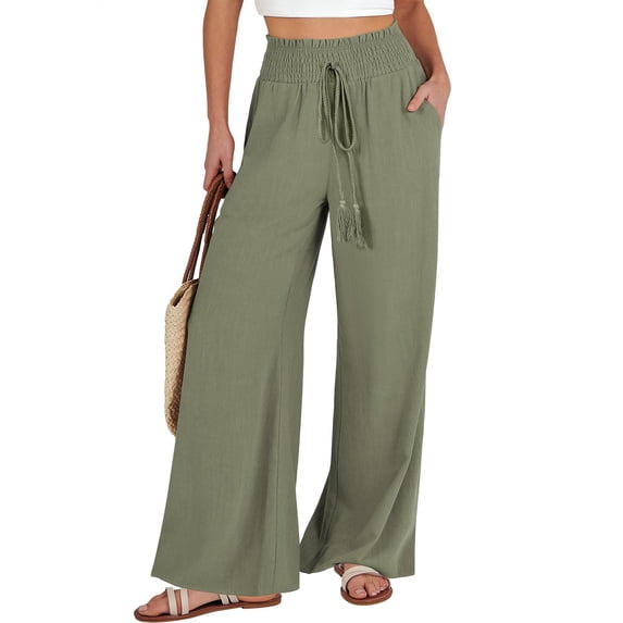 Pants for Women Women's Casual Fashion Solid Colour Cotton Linen Casual Pants Wide Leg Trousers Sweatpants with Pockets Womens Pants Kagetolytai Green 2XL