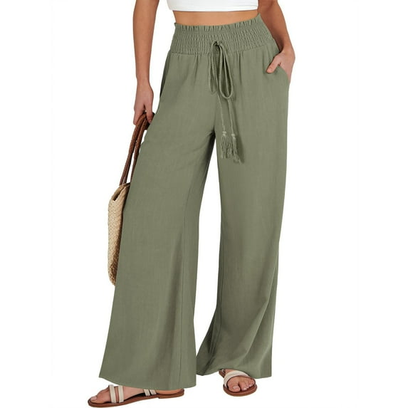 Pants for Women Women's Casual Fashion Solid Colour Cotton Linen Casual Pants Wide Leg Trousers Sweatpants with Pockets Womens Pants Kagetolytai Green S