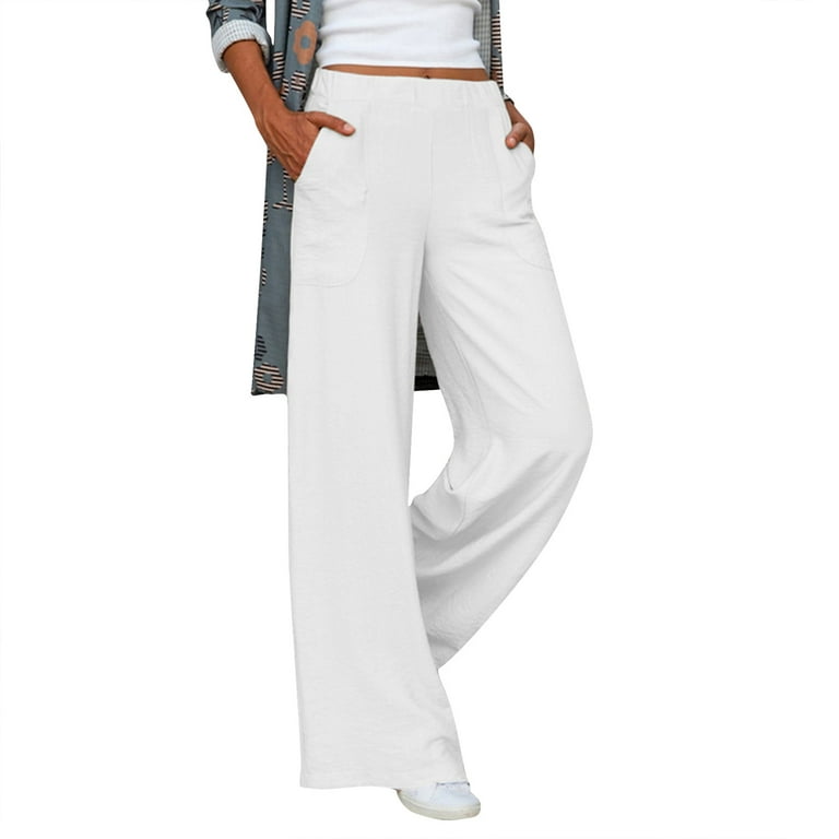 Women's Pants Summer Cotton Linen Wide Leg Pants Full Length Casual Solid  White Loose High Waist Straight Trousers Women - AliExpress