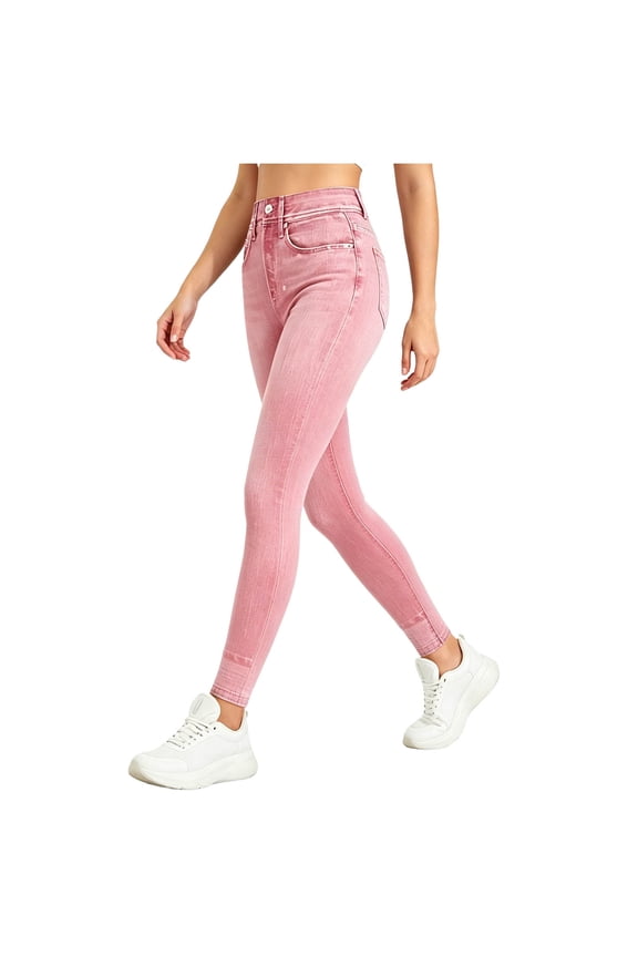 Pants Women, Women's Pants High Waisted Stretchy Jeans, Slim Fit Cuffed Hem Skinny Cropped Denim Pants with Pockets for Casual Daily Pink L