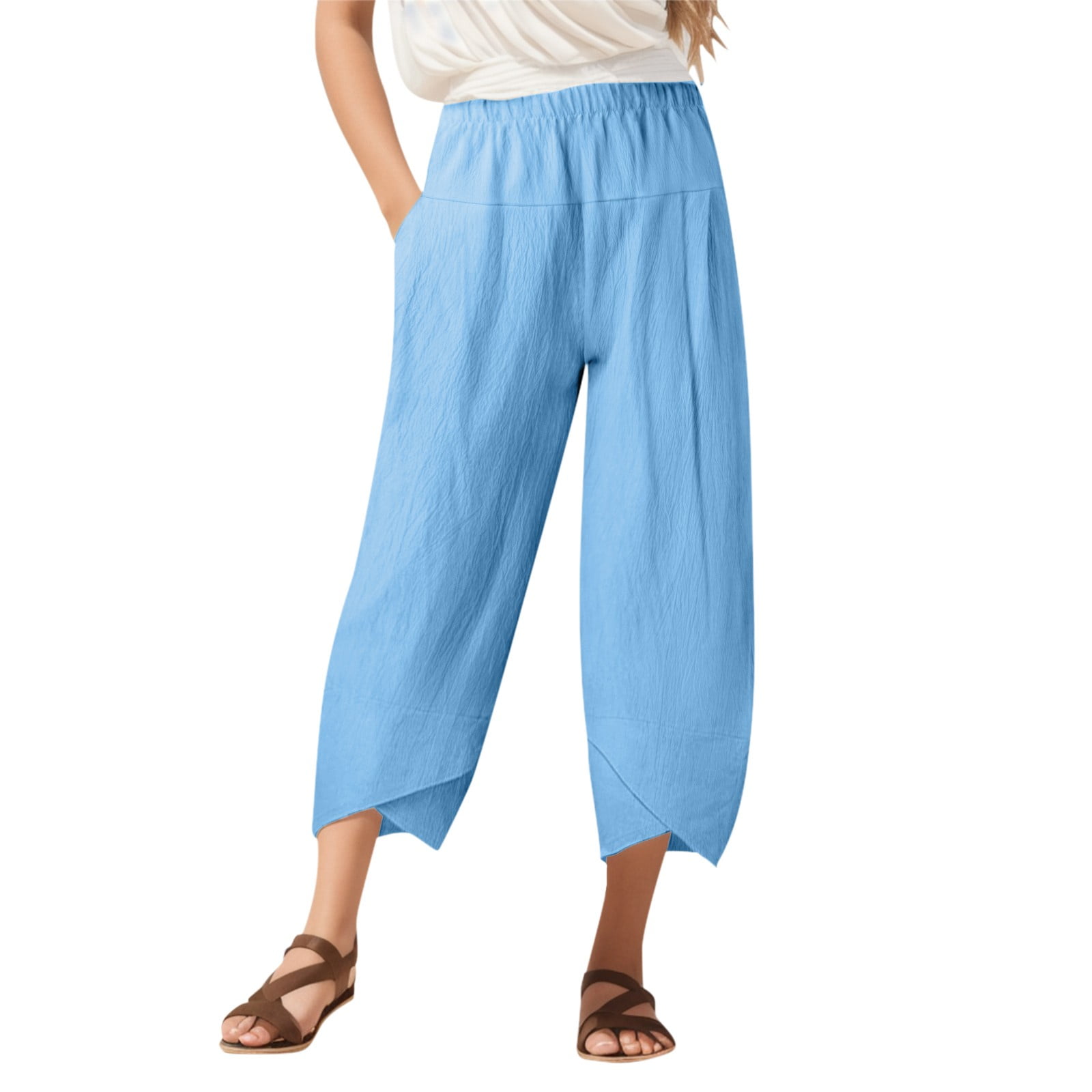 Pants for Women Womens Daily Casual Eight Length Trousers Pockets Elastic Waist Solid Pants Wide Leg Pants Woman Palazzo Pants for Women Color Blue Size 2XL Walmart
