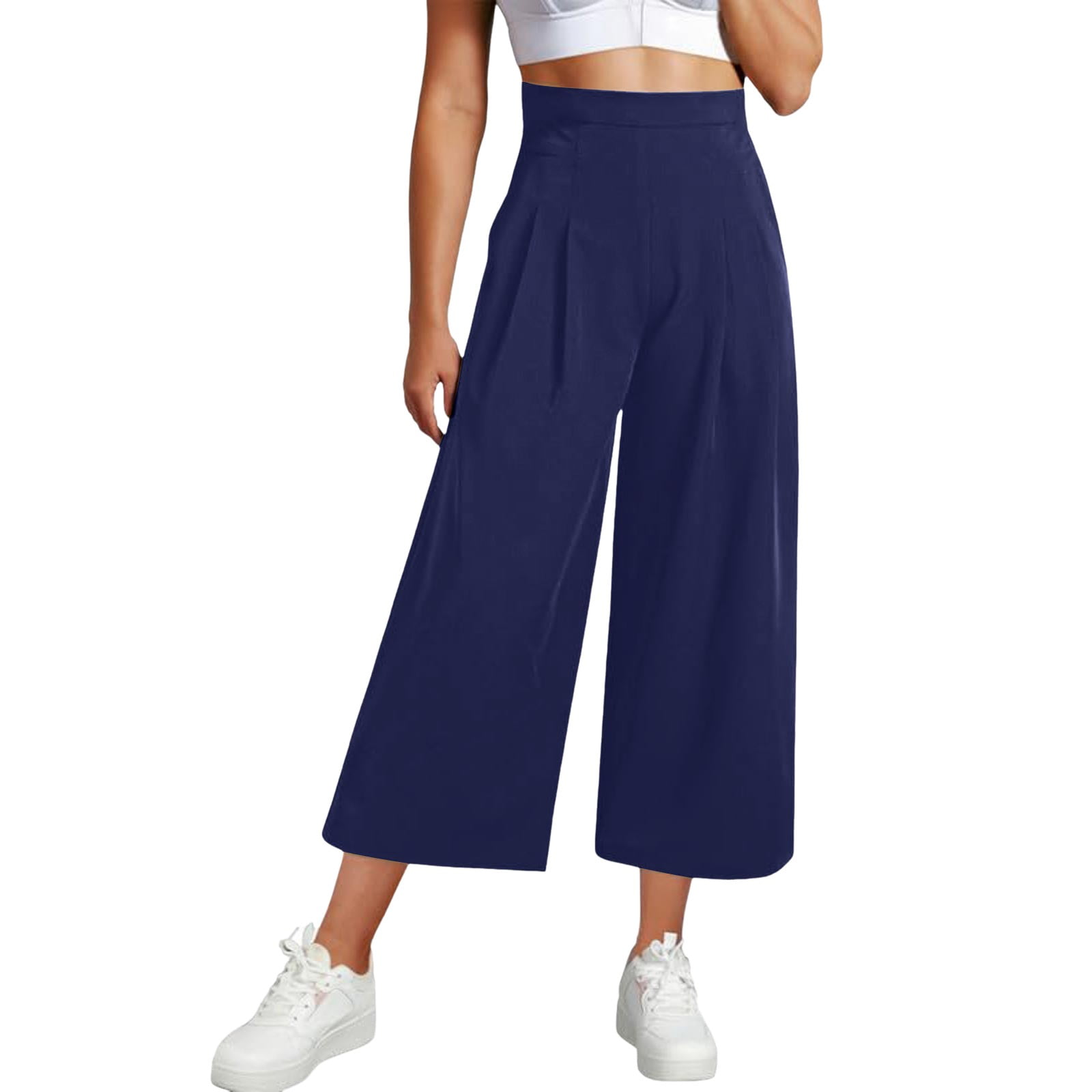 Navy wide leg cropped trousers hot sale