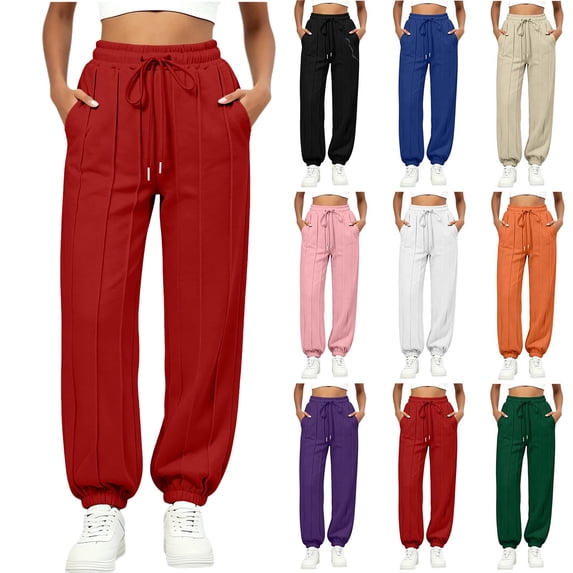 Pants Women's Bootcut Dress Pants Pockets Women's Solid Color Casual Straight Leg Flared Elastic Waist Drawstring Pockets Sweatpants Red L