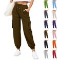 thumbnail image 1 of Pants Womens Black Pants for Women Pantalon Cargo Mujer Women'S Elastic Lace-Up Casual Solid Color High-Waisted Zipper Pocket Tapered Sweatpants Brown XXL, 1 of 8