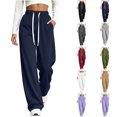 thumbnail image 1 of Pants Zaewscy Women Fashion Casual Solid Color Drawstring Elastic Waist Mid-high Waist Loose Pockets Wide-leg Long Pants Trousers Navy XL, 1 of 8