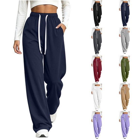 Pants Zaewscy Women Fashion Casual Solid Color Drawstring Elastic Waist Mid-high Waist Loose Pockets Wide-leg Long Pants Trousers Navy XL